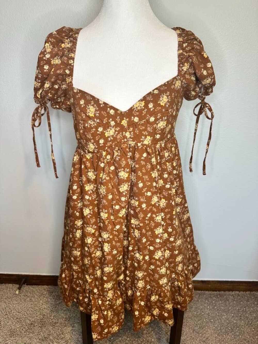 Storia Brown Floral Cottagecore Babydoll '90s Style Mini Dress - S